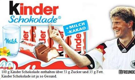 100 g Kinder Schokolade enthalten ber 53 g Zucker und 35 g Fett, Kinder Schokolade ist ja so Gesund.